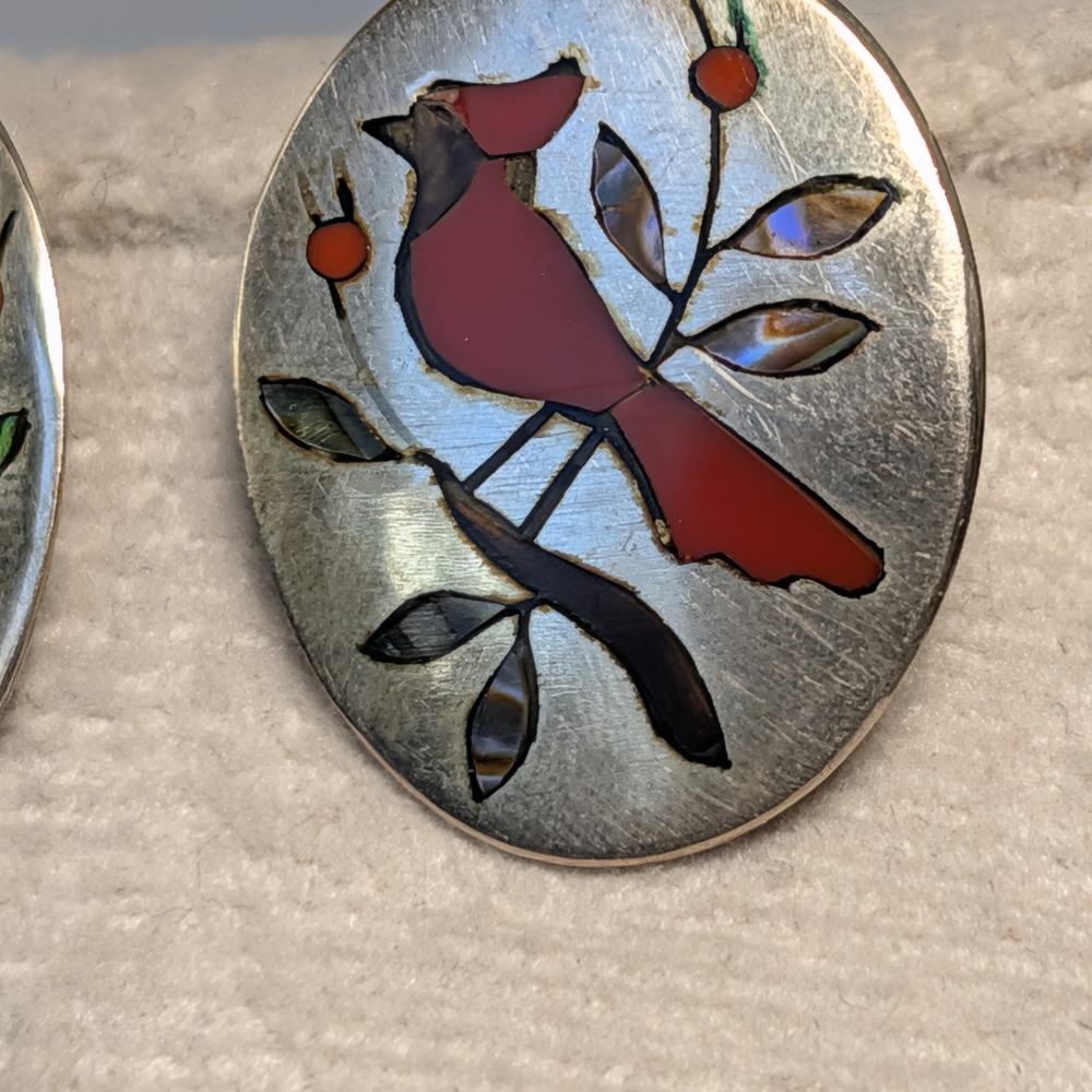 BH Signed Navajo Sterling 925 Red Coral & Abalone Cardinal Mosaic Inlay Earrings - Picture 8 of 8